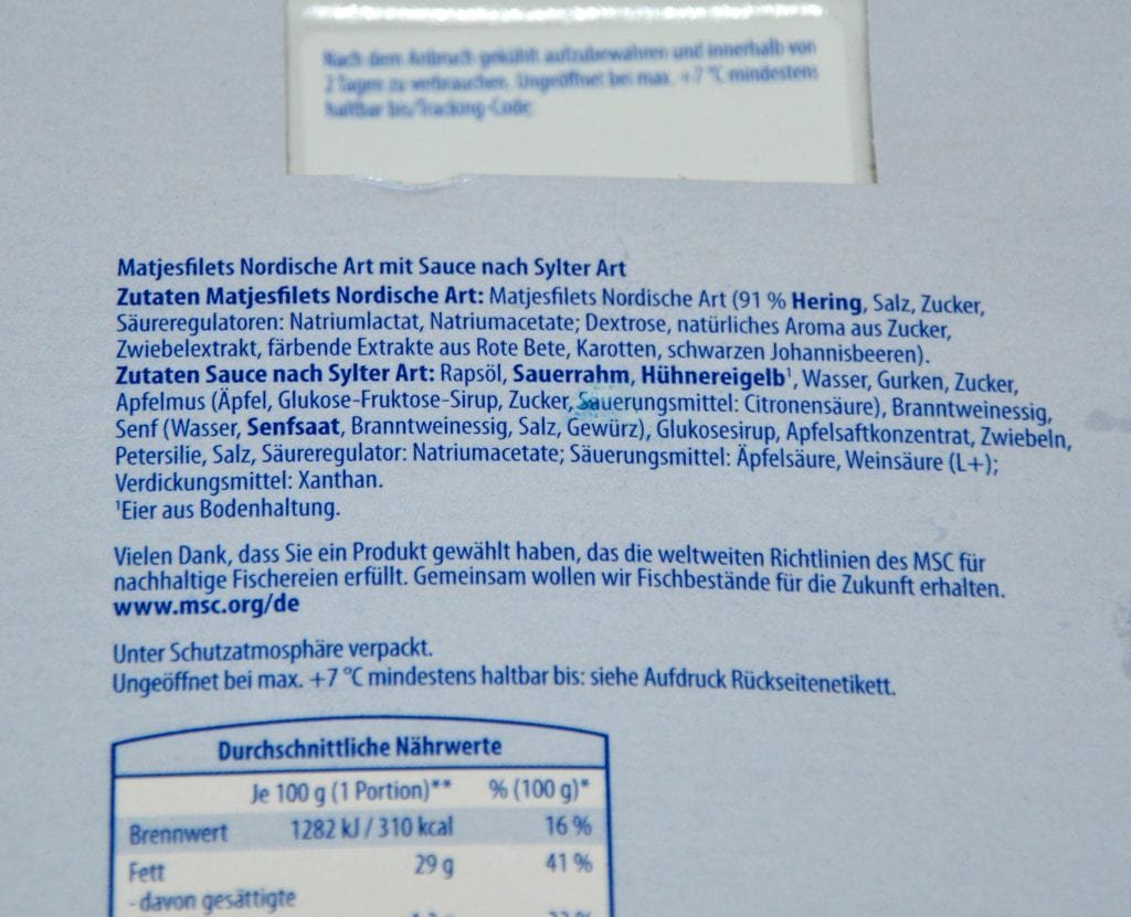 Aldi Almare Premium Matjesfilets Rückseite