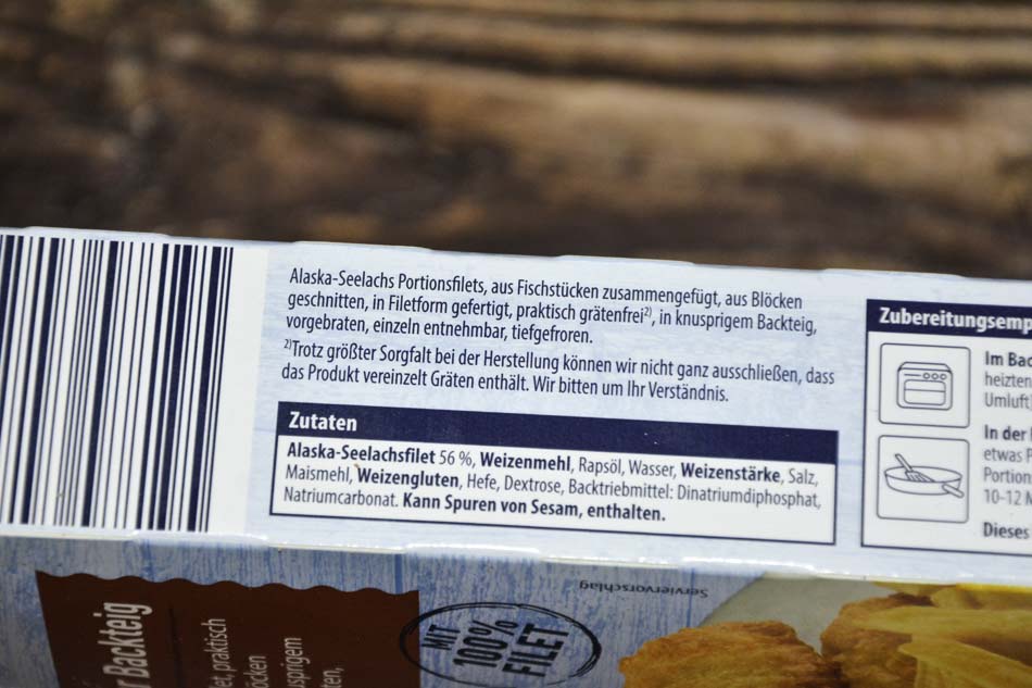 Lebensmittelarchiv Fertiggebacken Golden Seafood Ofen-Backfisch Knuspriger Backteig 2024 Zutaten