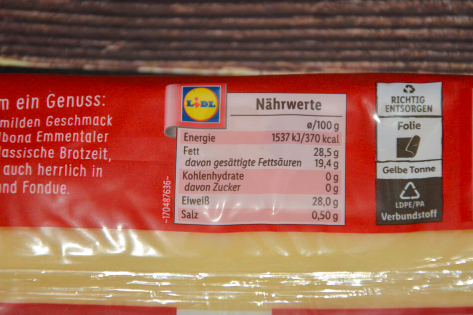 Milbona Emmentaler im Stück 400g Nährwerte