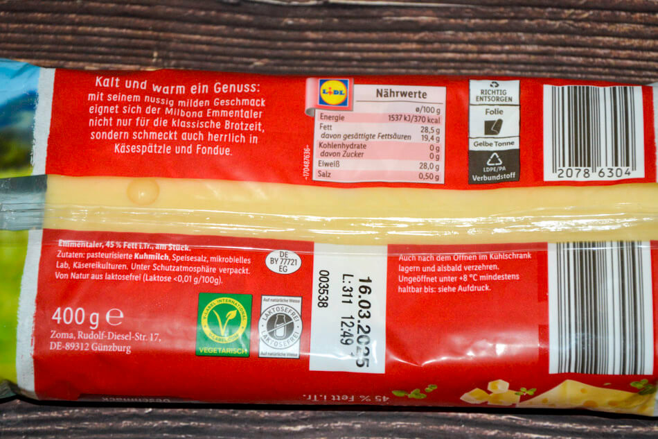 Milbona Emmentaler im Stück 400g Rückseite