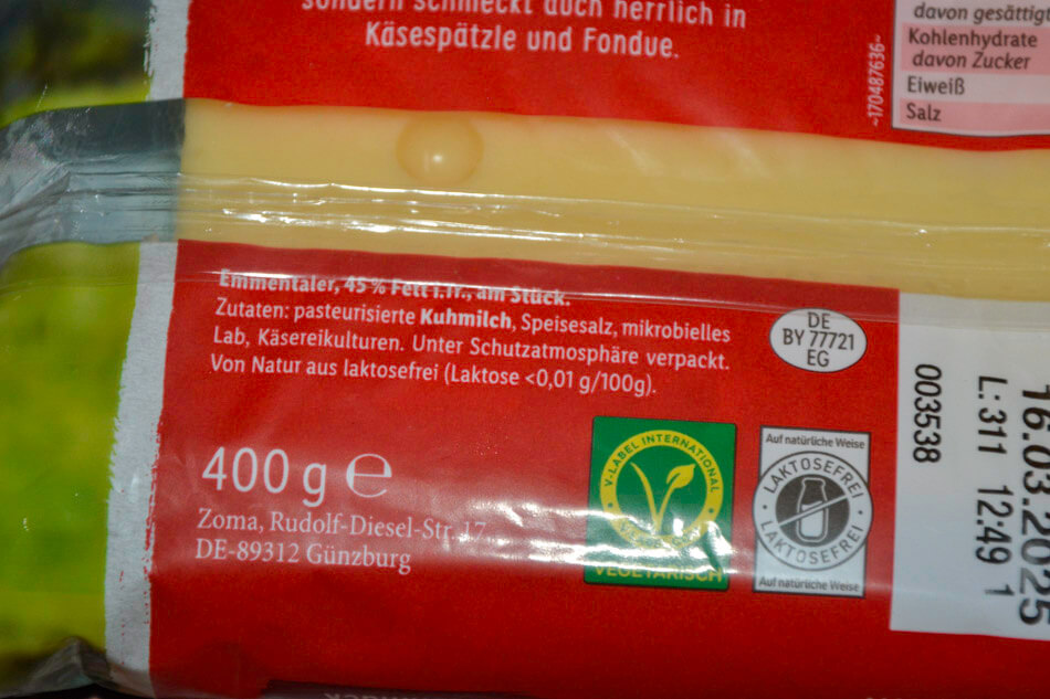 Milbona Emmentaler im Stück 400g Zutaten