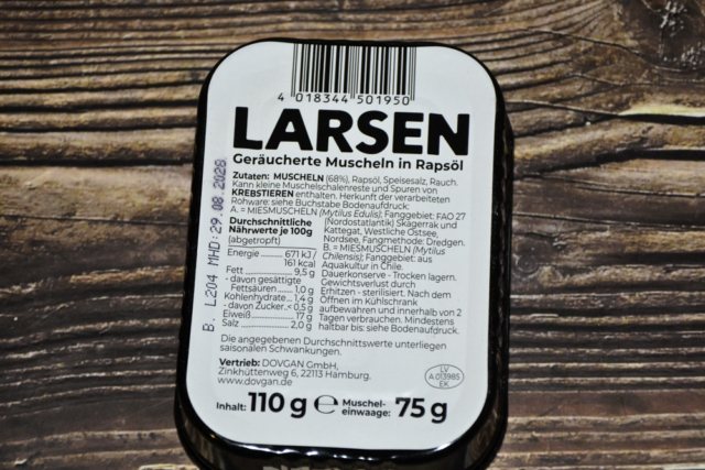 Larsen Muscheln geräuchert in Rapsöl 2025 Rückseite