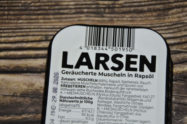 Larsen Muscheln geräuchert in Rapsöl 2025 Zutaten