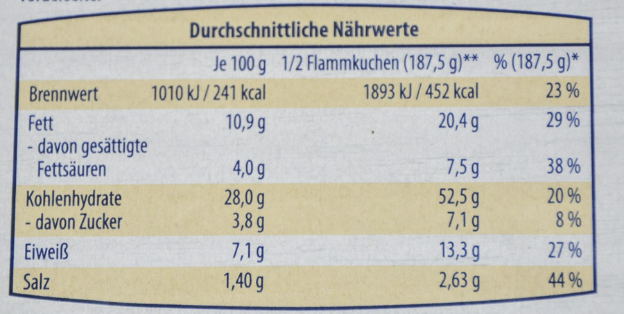Aldi Frantastique! Original Flammkuchen mit Speck 2025 Nährwerte