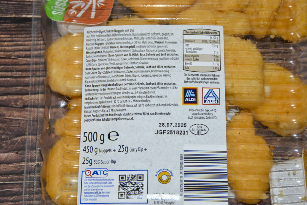 Aldi meine Metzgerei Chicken Nuggets mit Dip frisch 2025 Rücketikett