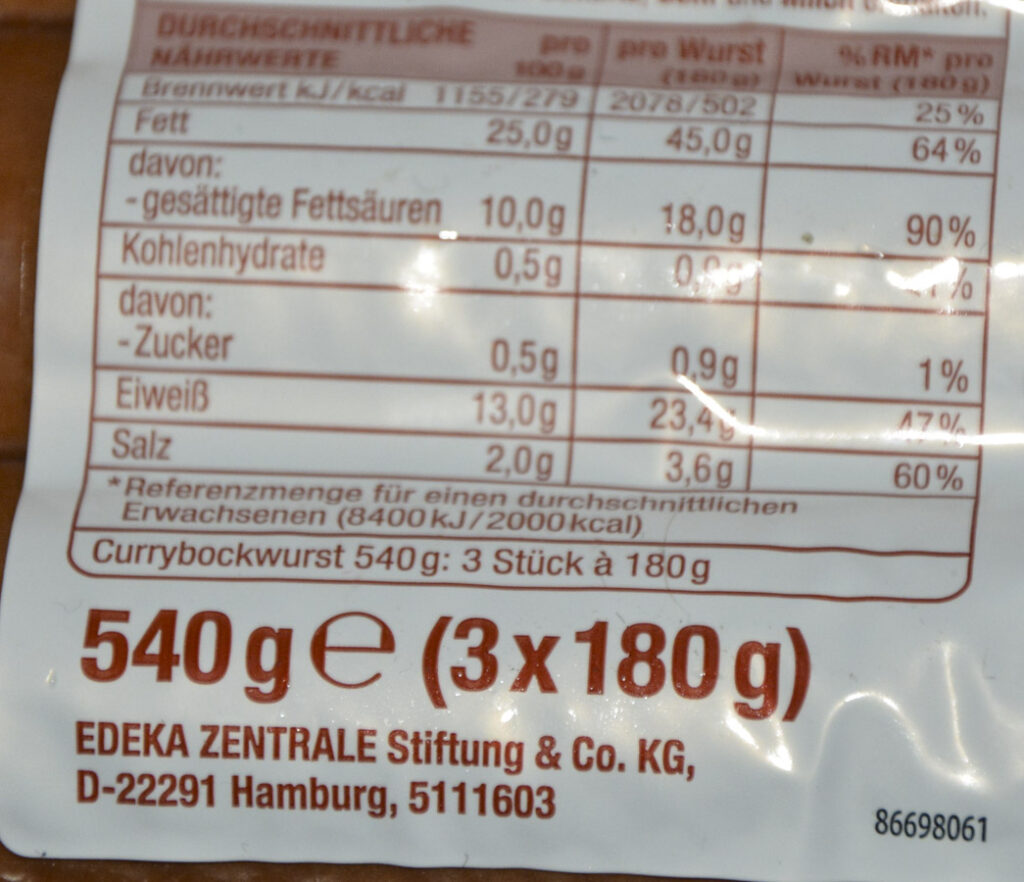 Gut & Günstig Curry Bockwurst 2025 Nährwerte